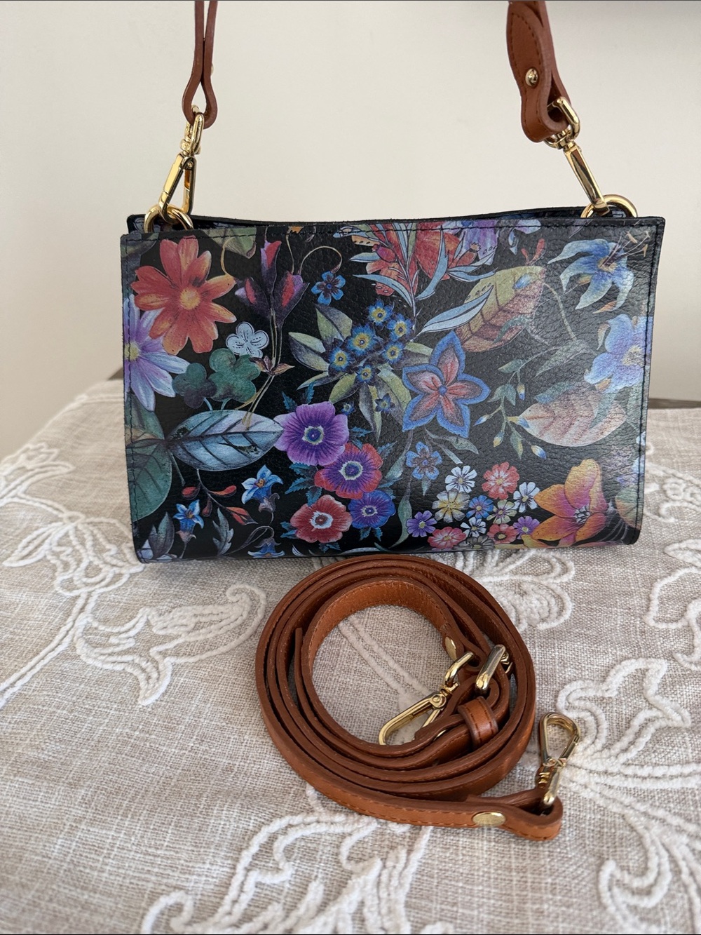 Valentina EUC Black Floral Print Leather Satchel/Crossbody Bag With Two Straps